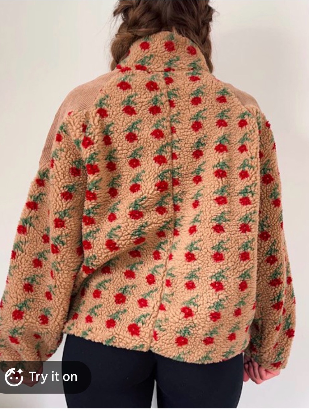 Women’s Floral Sherpa Jacket - Tan with Red & Green Accents - Picture 2 of 5